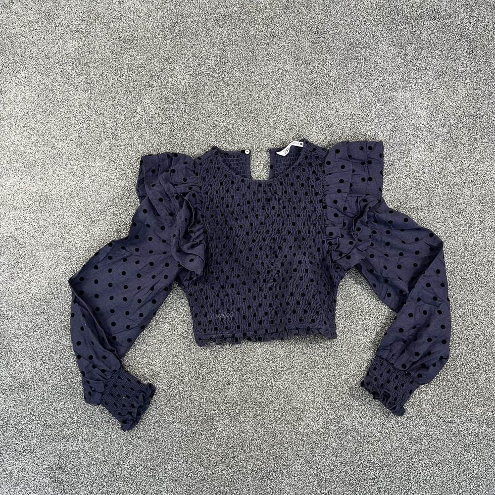 Zara Women's Small Navy Blue Polka Dot Smocked Ruffle Puff Sleeve Crop Top